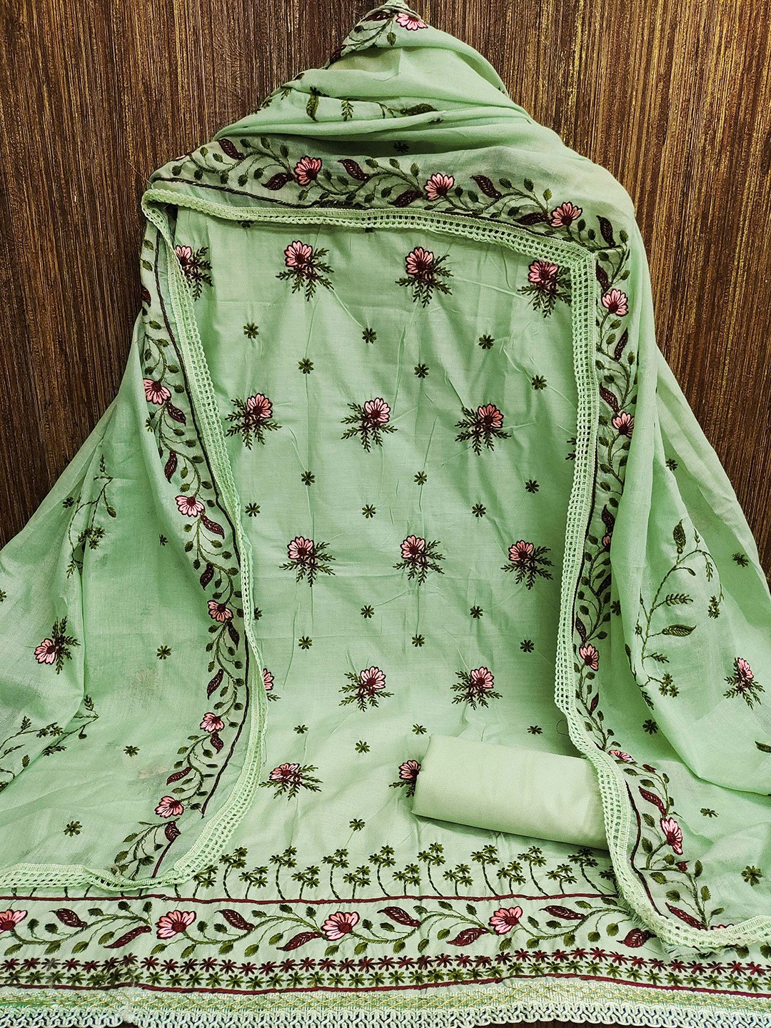 

MANVAA Floral Embroidered Unstitched Dress Material, Green