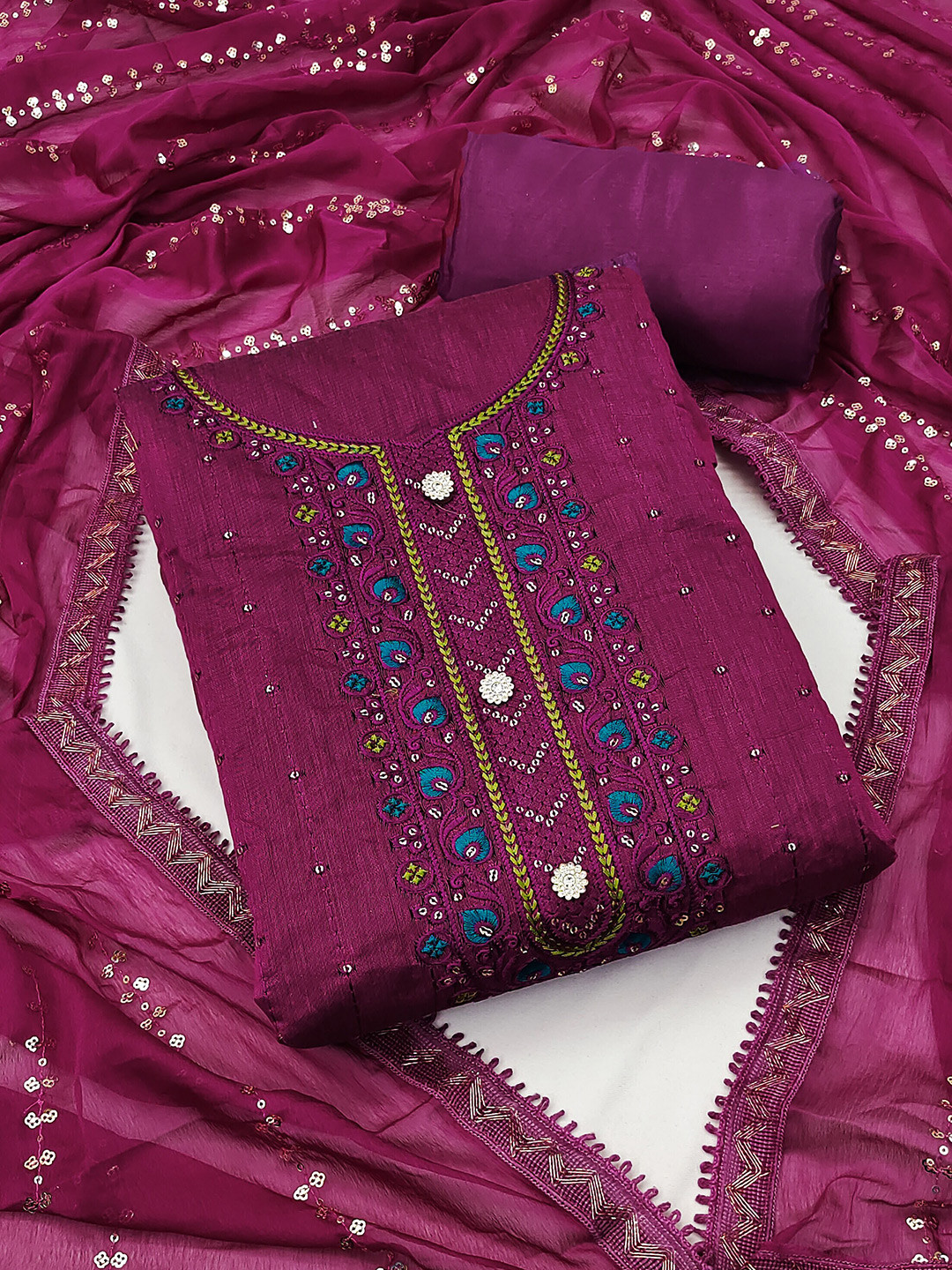 

MANVAA Floral Embroidered Sequinned Detailed Unstitched Dress Material, Pink