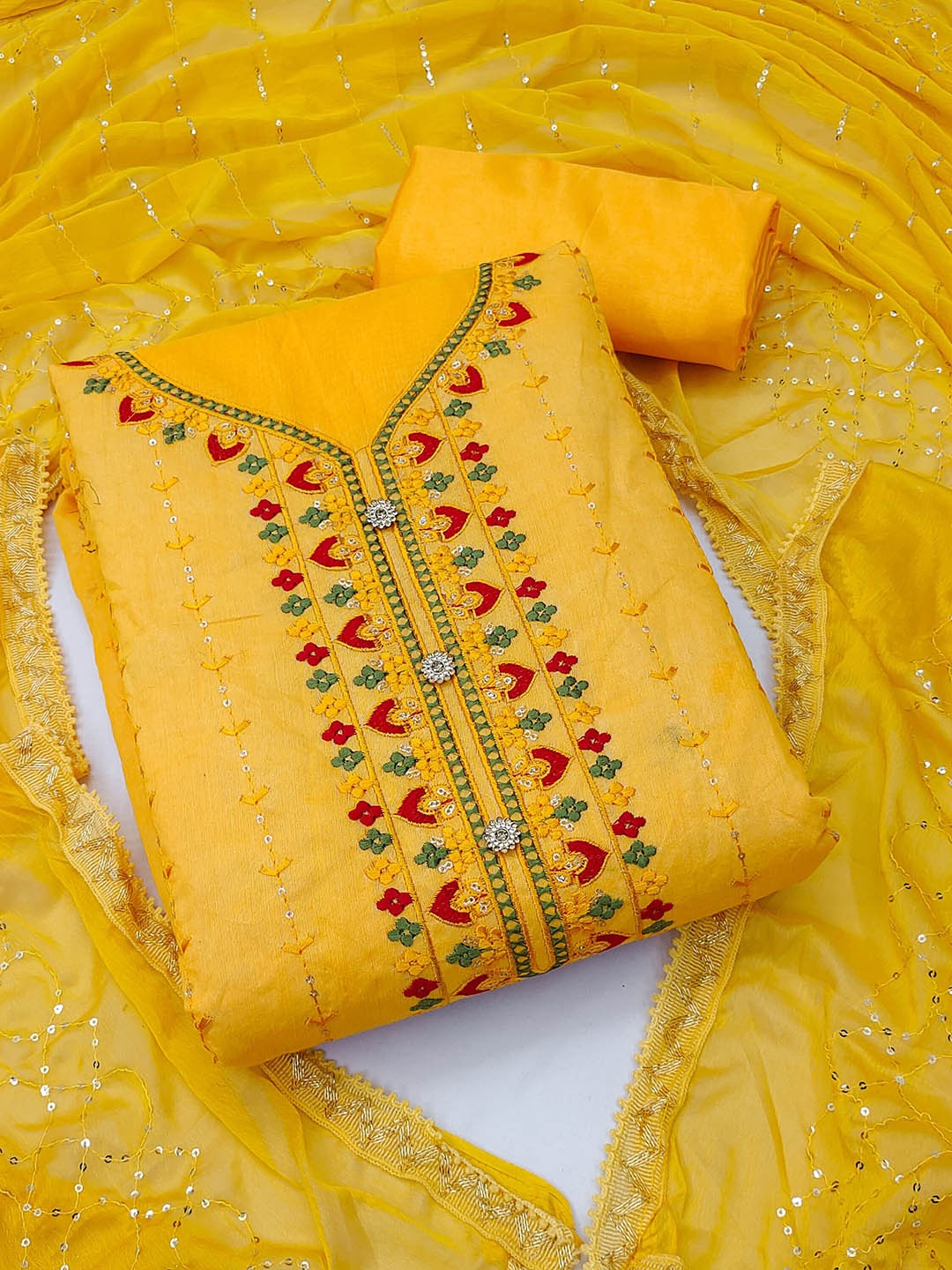 

MANVAA Ethnic Motifs Embroidered Sequined Unstitched Dress Material, Yellow