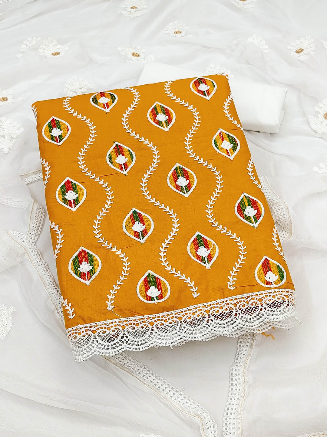 

MANVAA Ethnic Motifs Embroidered Lace-Up Detail Unstitched Dress Material, Yellow