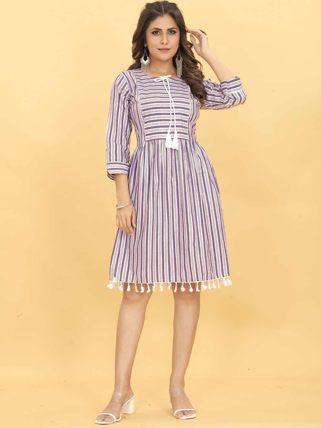 

KALINI Striped Tie-Up Neck Cotton A-Line Dress, Purple