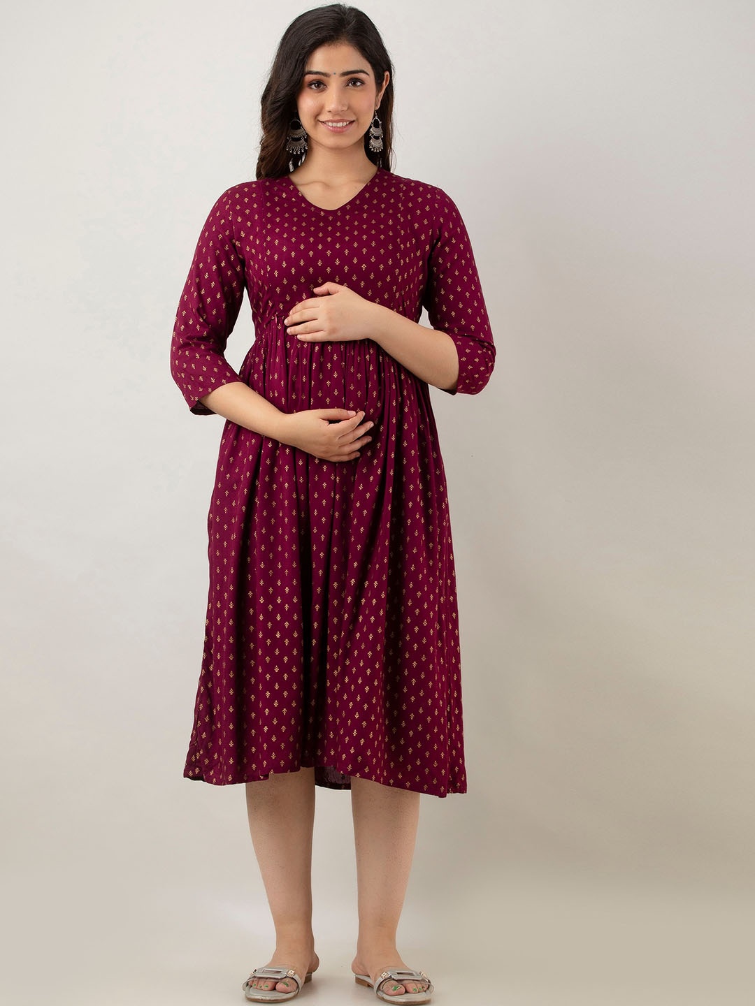 

CELEBRAVO Ethnic Motifs Printed Maternity Dress, Maroon