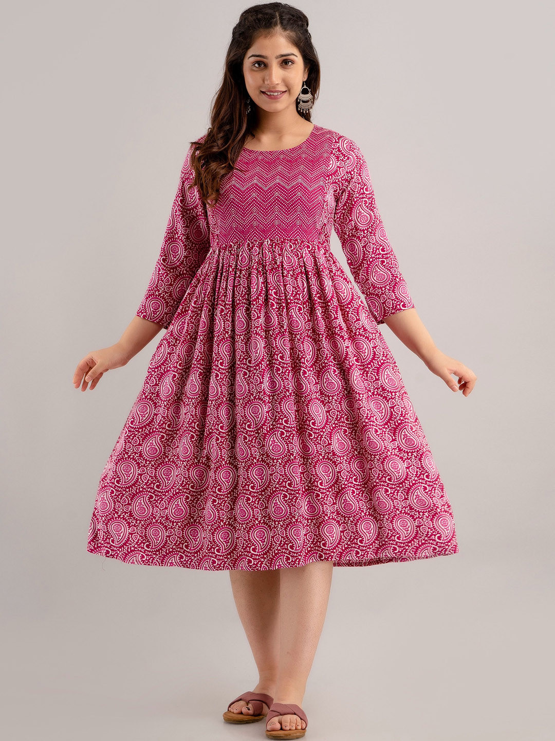 

CELEBRAVO Ethnic Motifs Printed Pleated Maternity Fit & Flare Midi Dress, Pink
