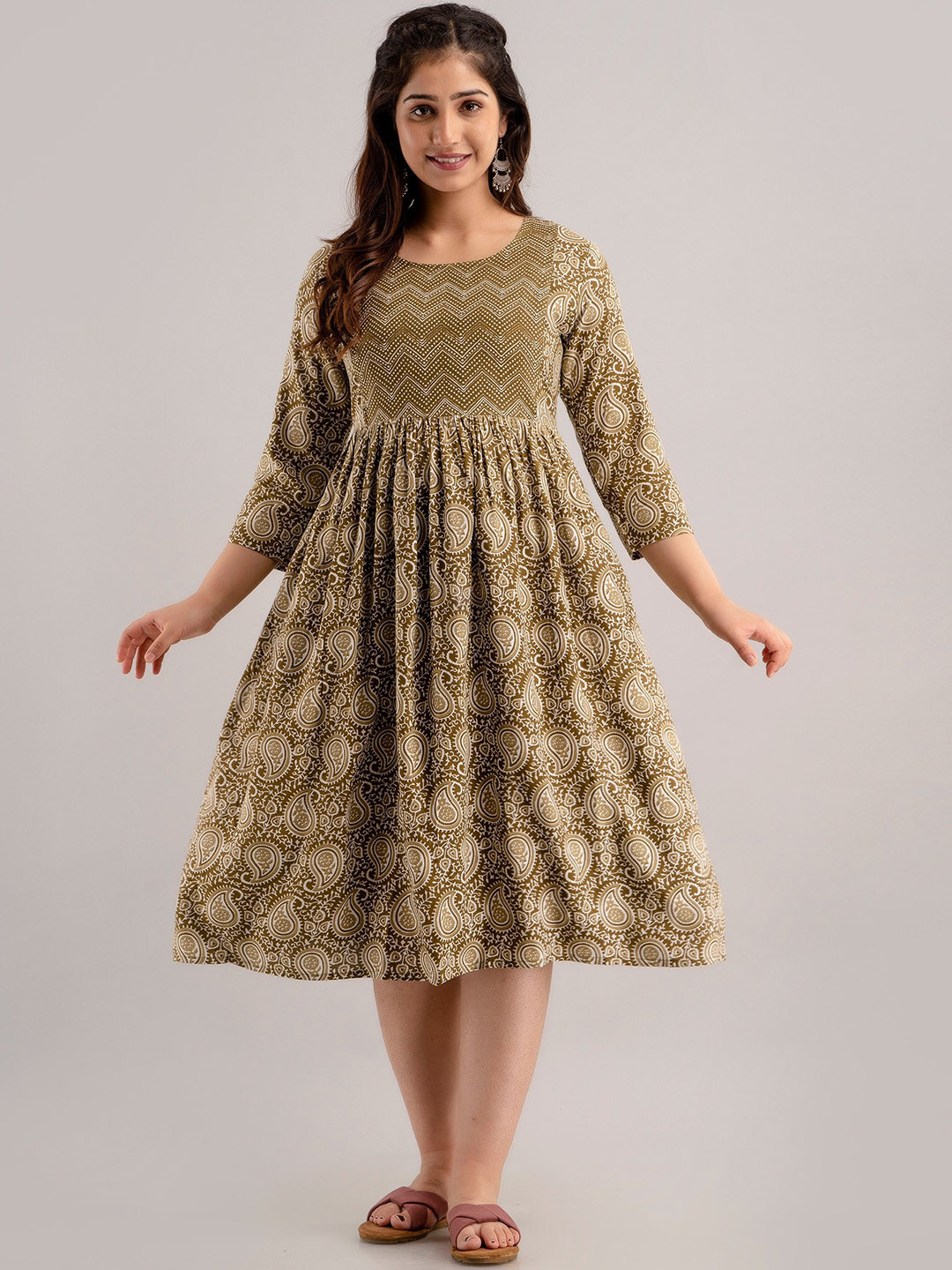 

CELEBRAVO Ethnic Motifs Printed Maternity Fit & Flare Dress, Olive