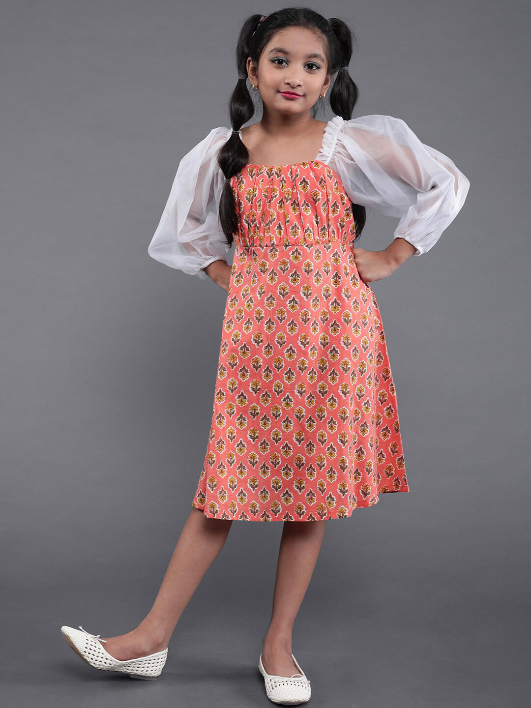 

Aks Kids Girls Floral Printed A-Line Dress, Peach