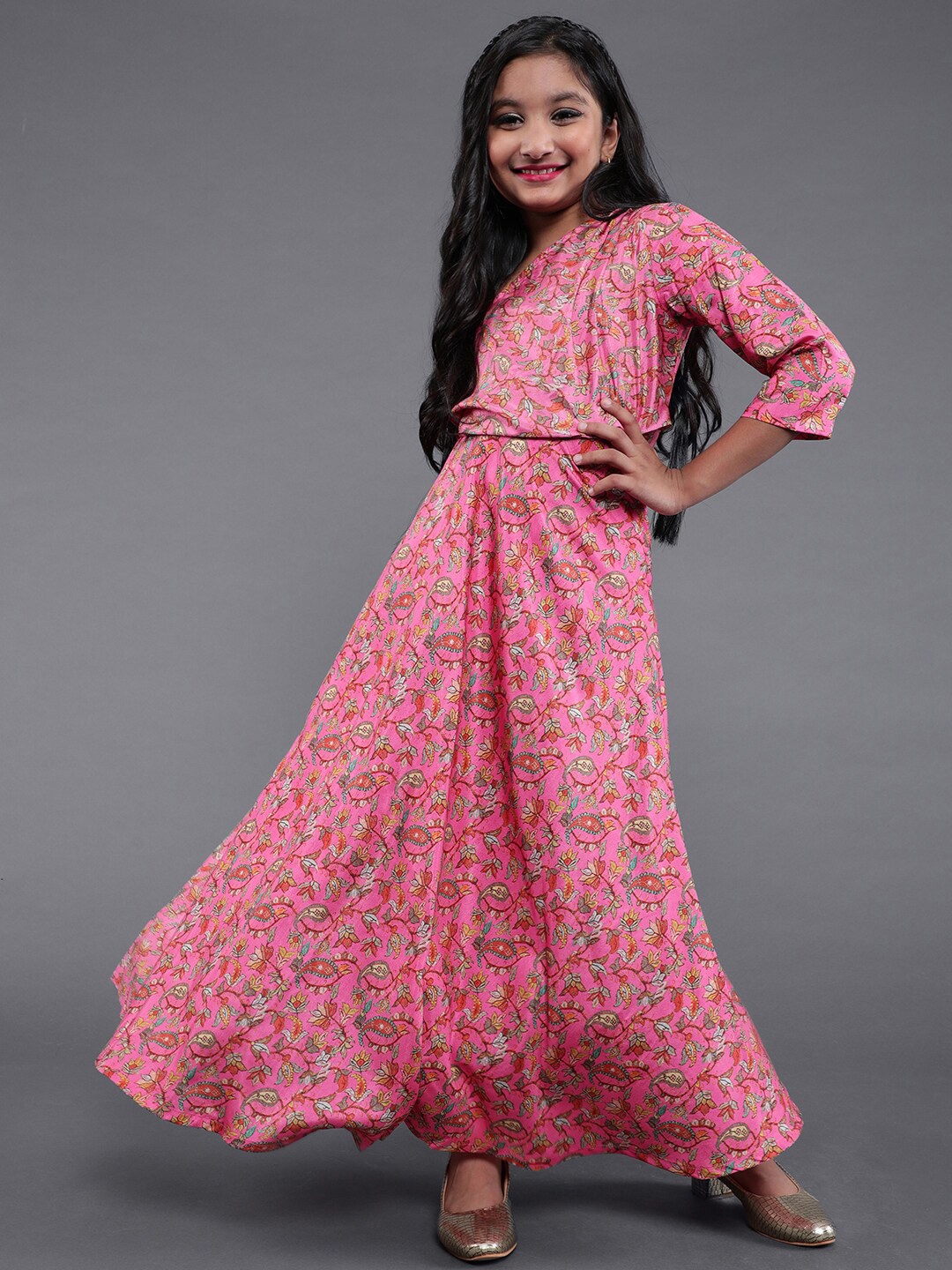 

Aks Kids Girls Floral Printed One Shoulder Maxi Dress, Pink