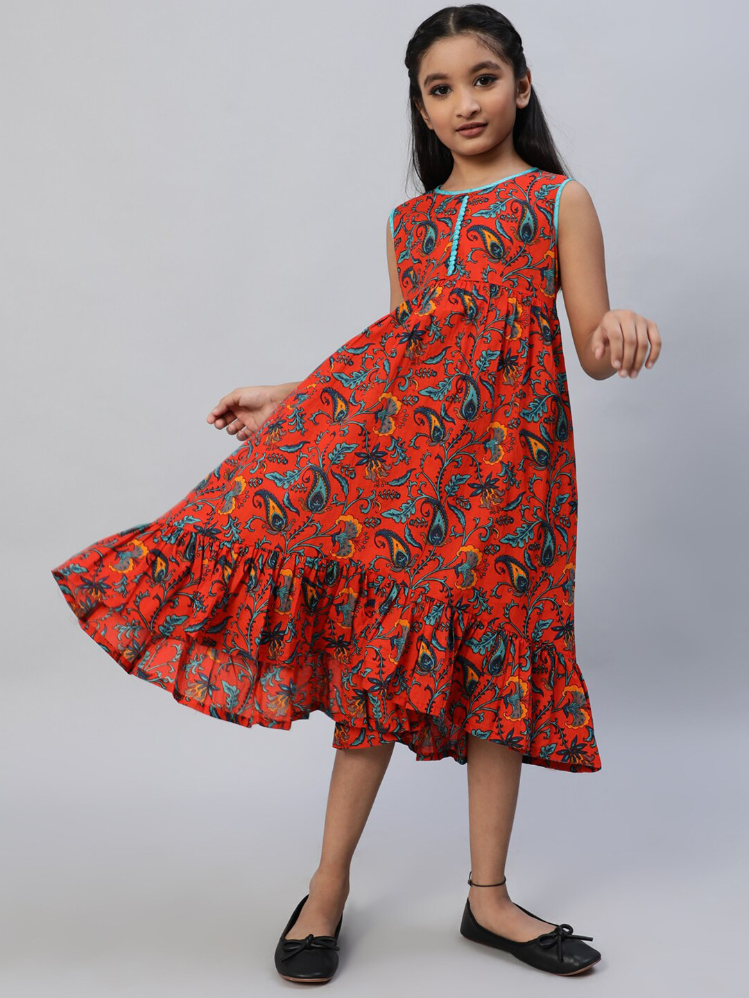 

Aks Kids Girls Floral Printed Round Neck Cotton Fit and Flare Dress, Red
