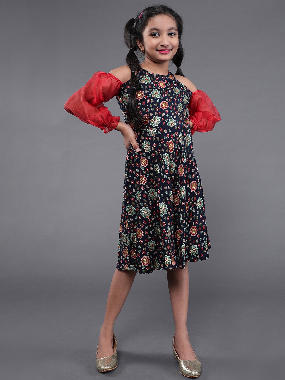

Aks Kids Girls Floral Printed Cold-Shoulder A-Line Dress, Navy blue