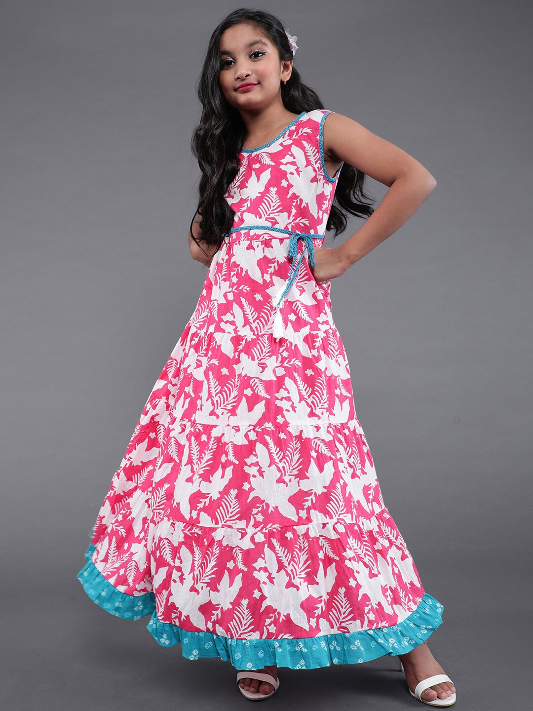 

Aks Kids Girls Floral Printed Cotton Maxi Dress With Belt, Pink