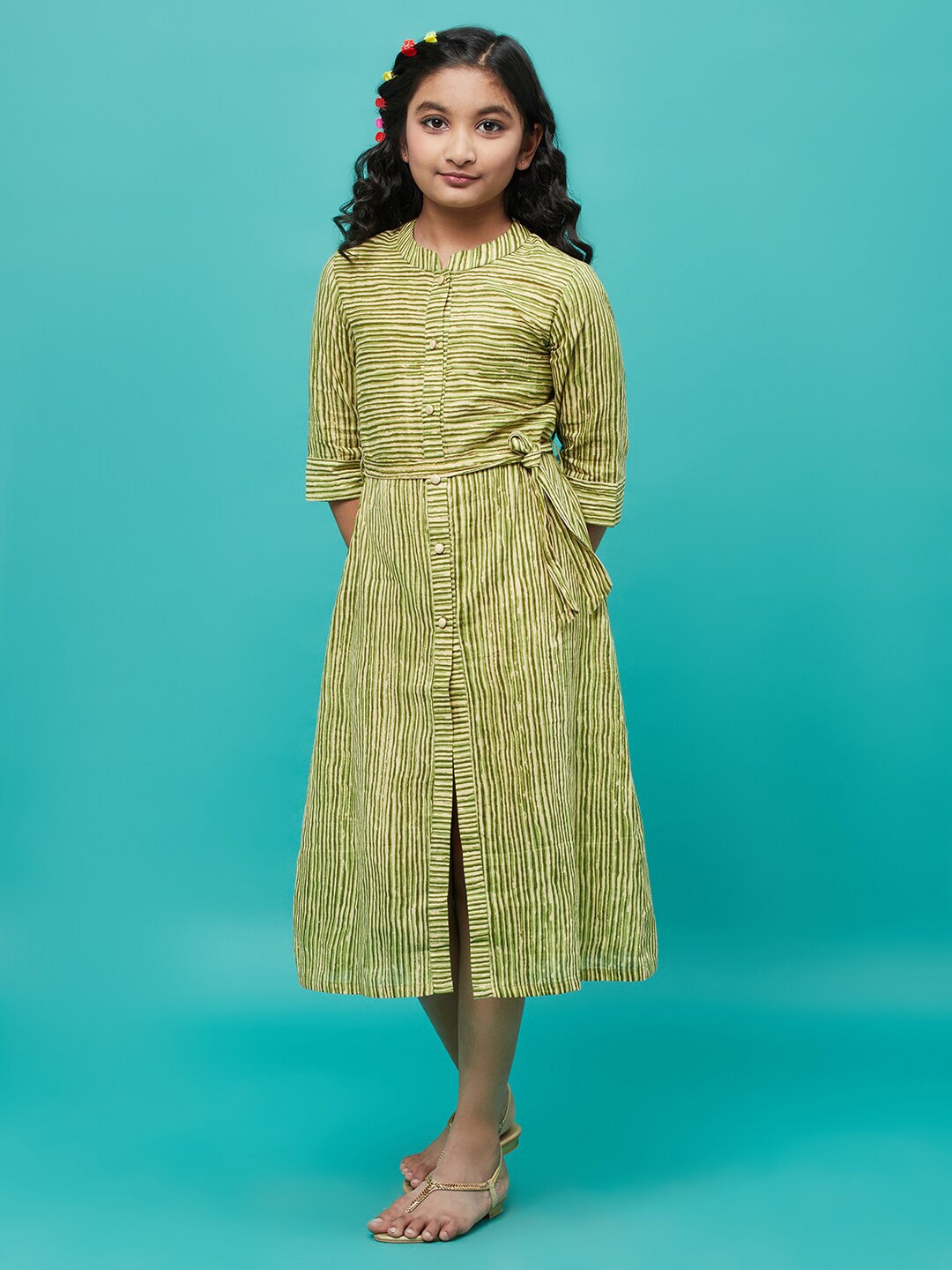 

Aks Kids Girls Striped Mandarin collar Tie-Ups Detail Cotton A-Line Dress, Green