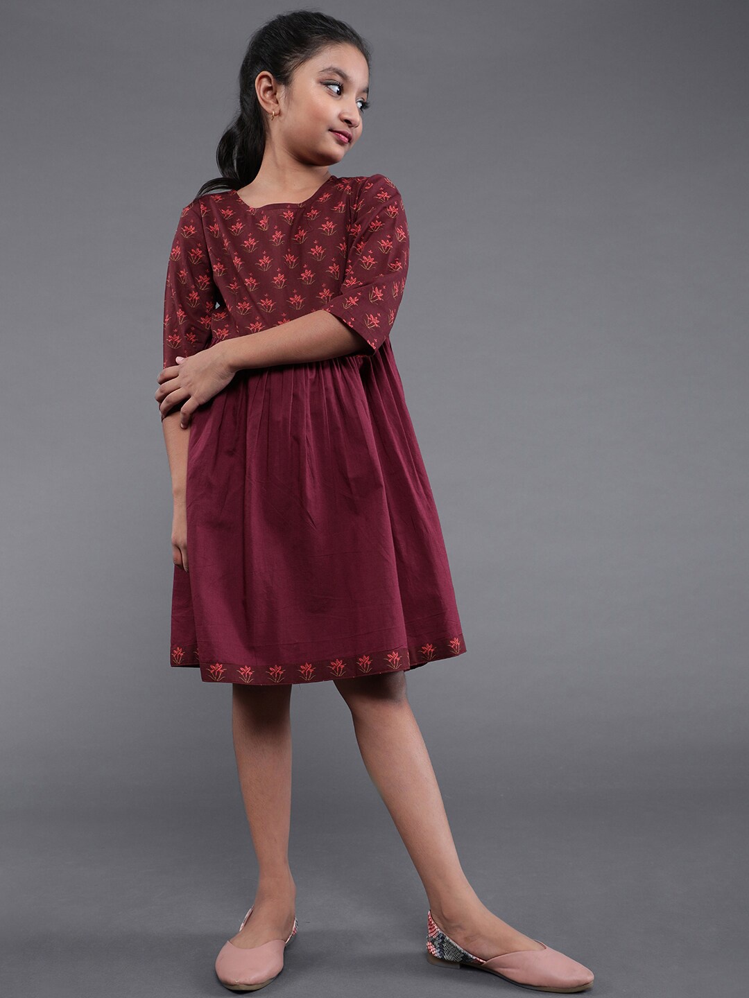 

Aks Kids Girls Ethnic Motifs Printed Cotton A-Line Dress, Maroon