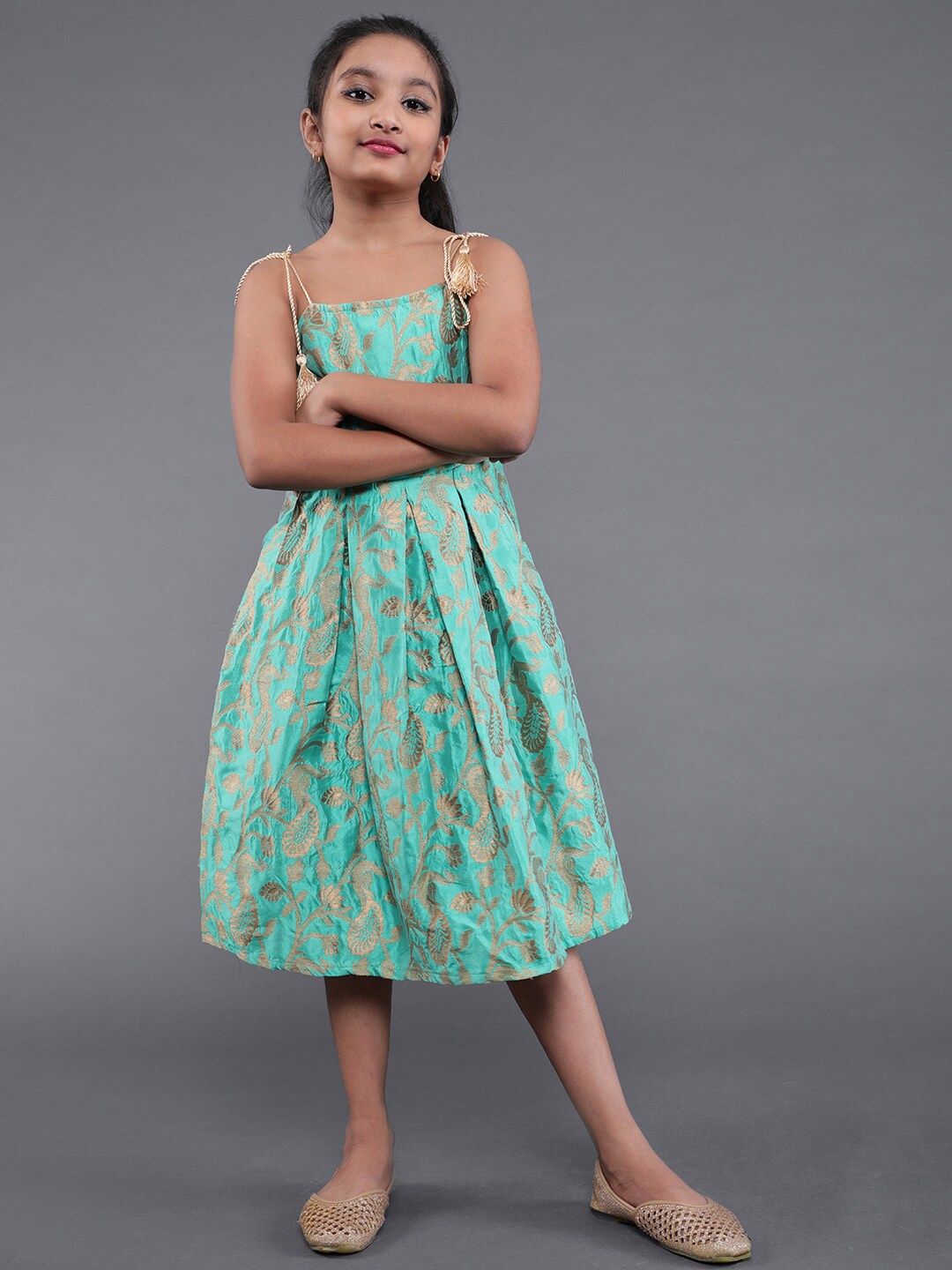 

Aks Kids Girls Floral Printed Jacquard Fit & Flare Midi Dress, Green