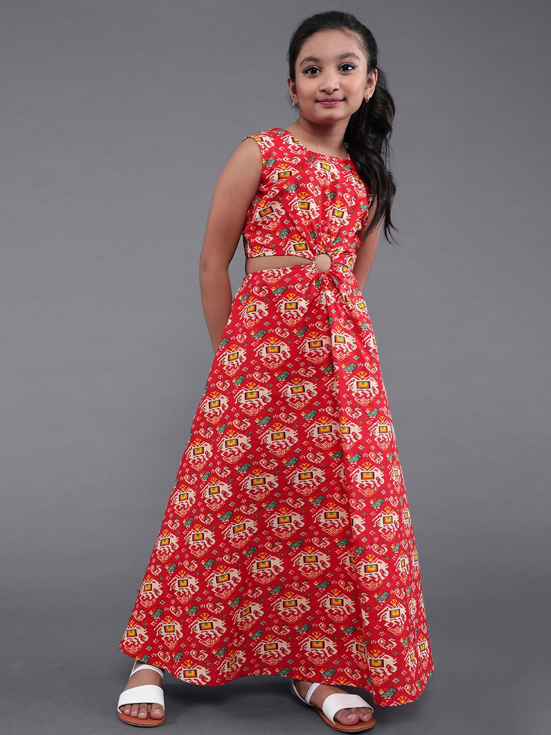 

Aks Kids Girls Floral Printed Cut Outs Cotton Maxi Dress, Red