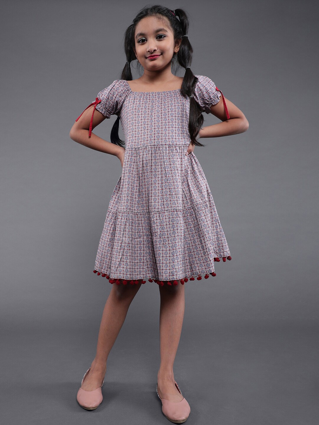 

Aks Kids Girls Checked Fit & Flare Tiered Dress, Grey