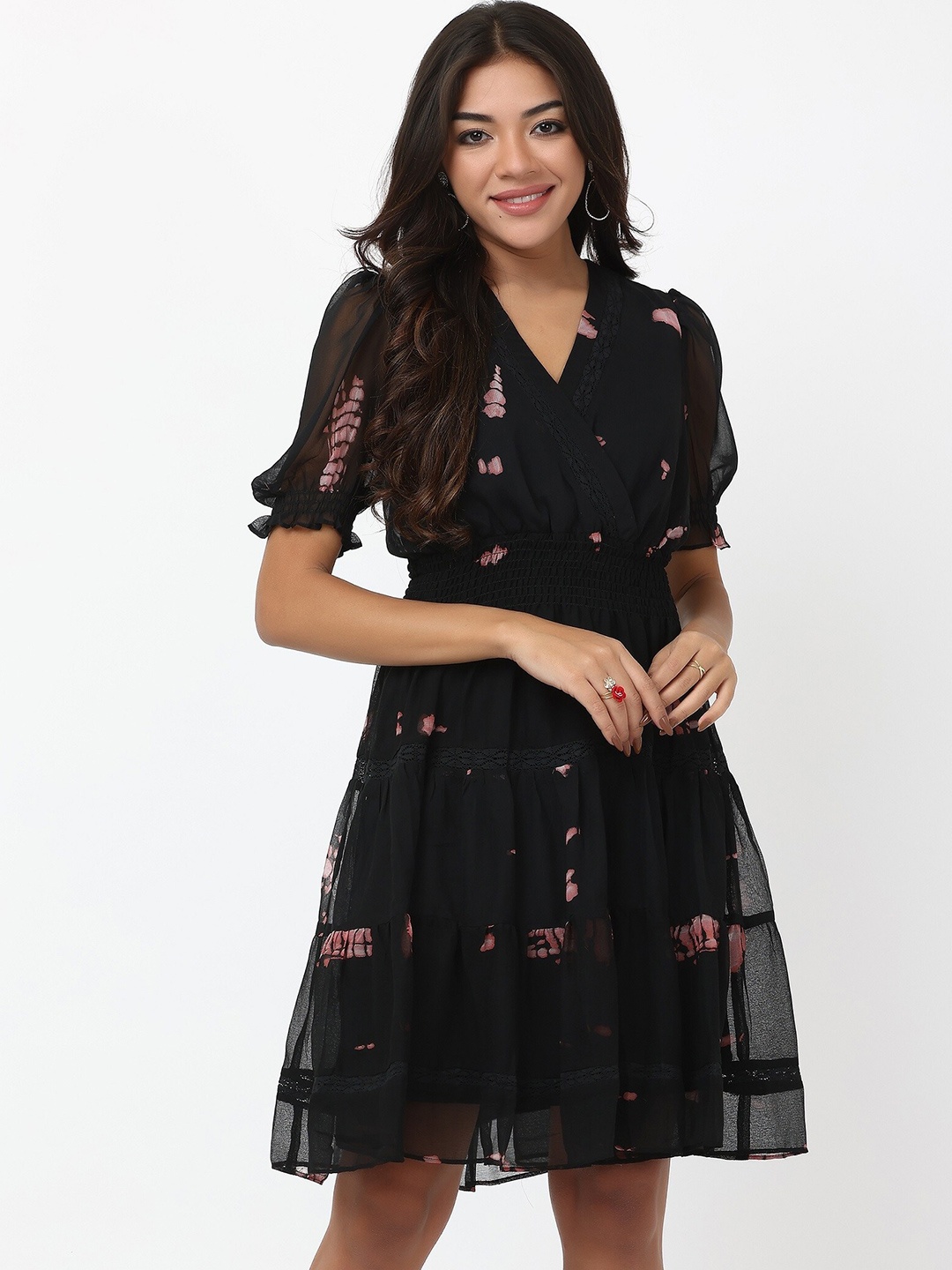 

TSM Abstract Printed Smocked Detailed V-Neck Puff Sleeves A-Line Dress, Black