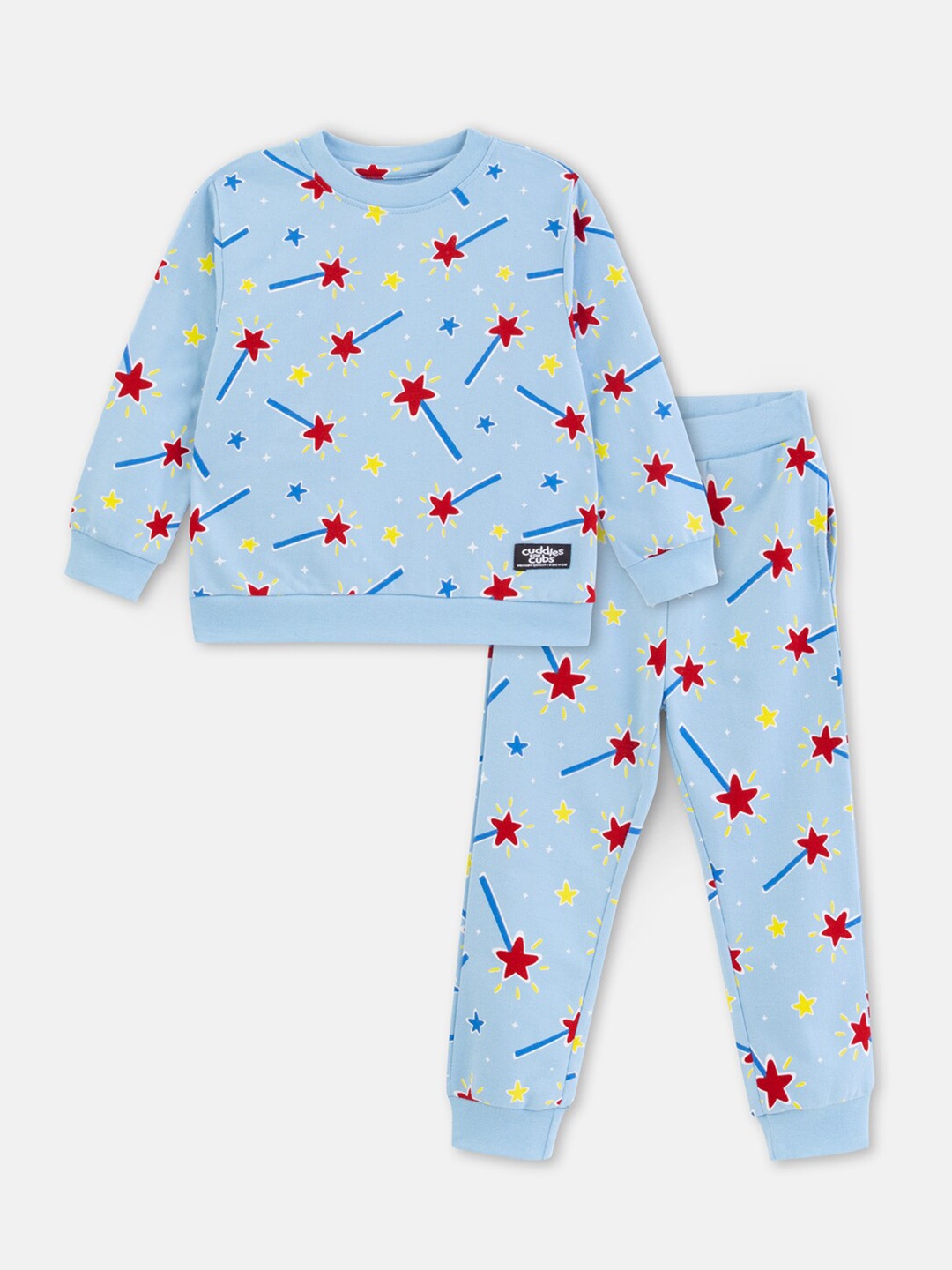 

Cuddles for Cubs Unisex Kids Printed Pure Cotton T-shirt with Trousers, Blue