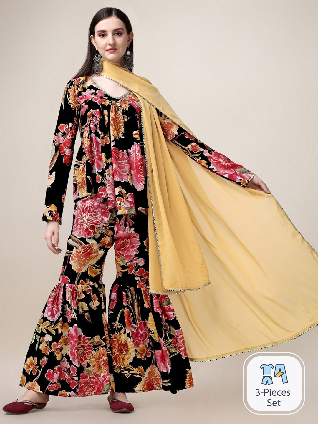 

Vaidehi Fashion Floral Printed Mirror Work Tunic With Palazzos & Dupatta, Black