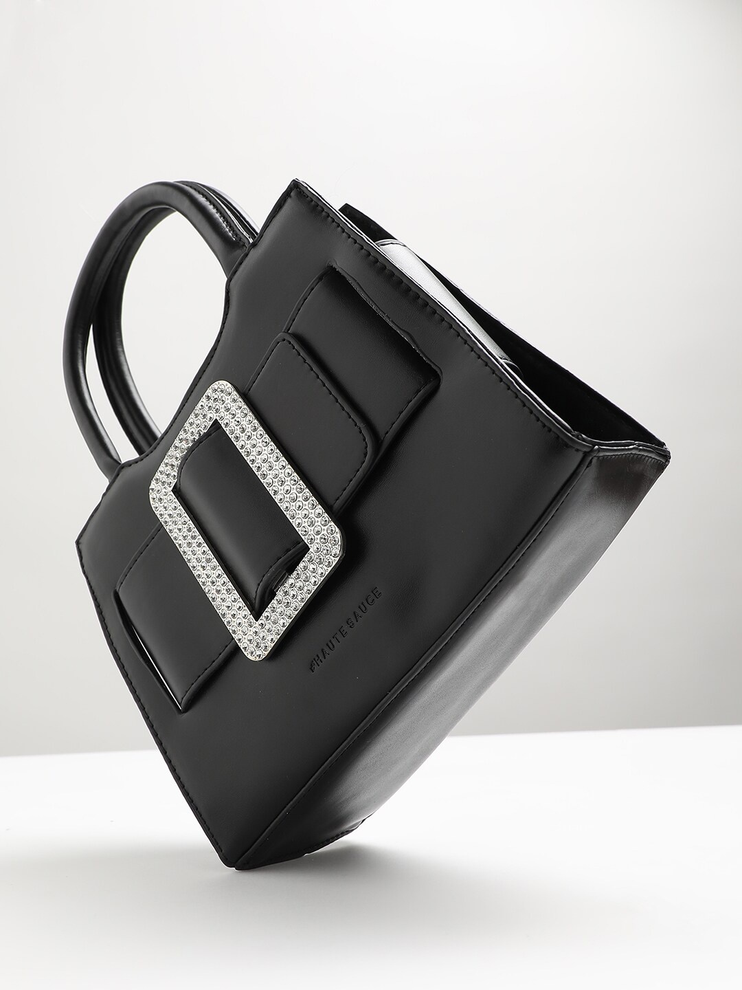 

HAUTE SAUCE by Campus Sutra Structured Handheld Bag With Embellished Detail, Black