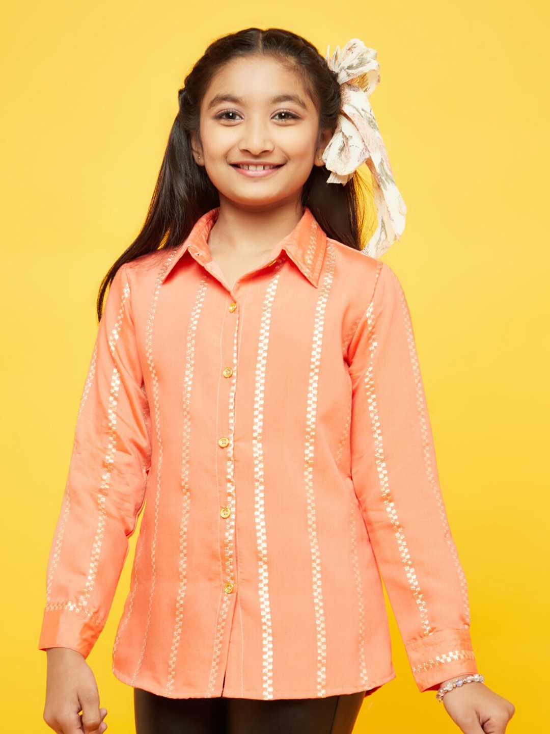 

Aks Kids Girls Striped Silk Opaque Casual Shirt, Peach