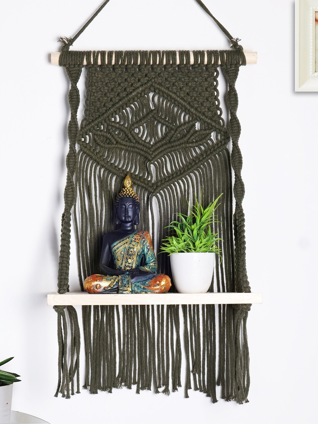 

Decazone Olive Green Wood Macrame Wall Hanging Shelf