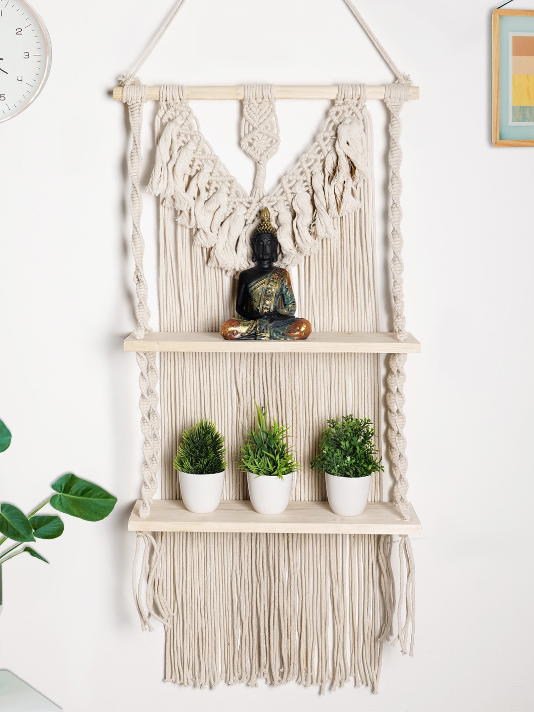 

Decazone Beige Wood Macrame Wall Hanging Shelf