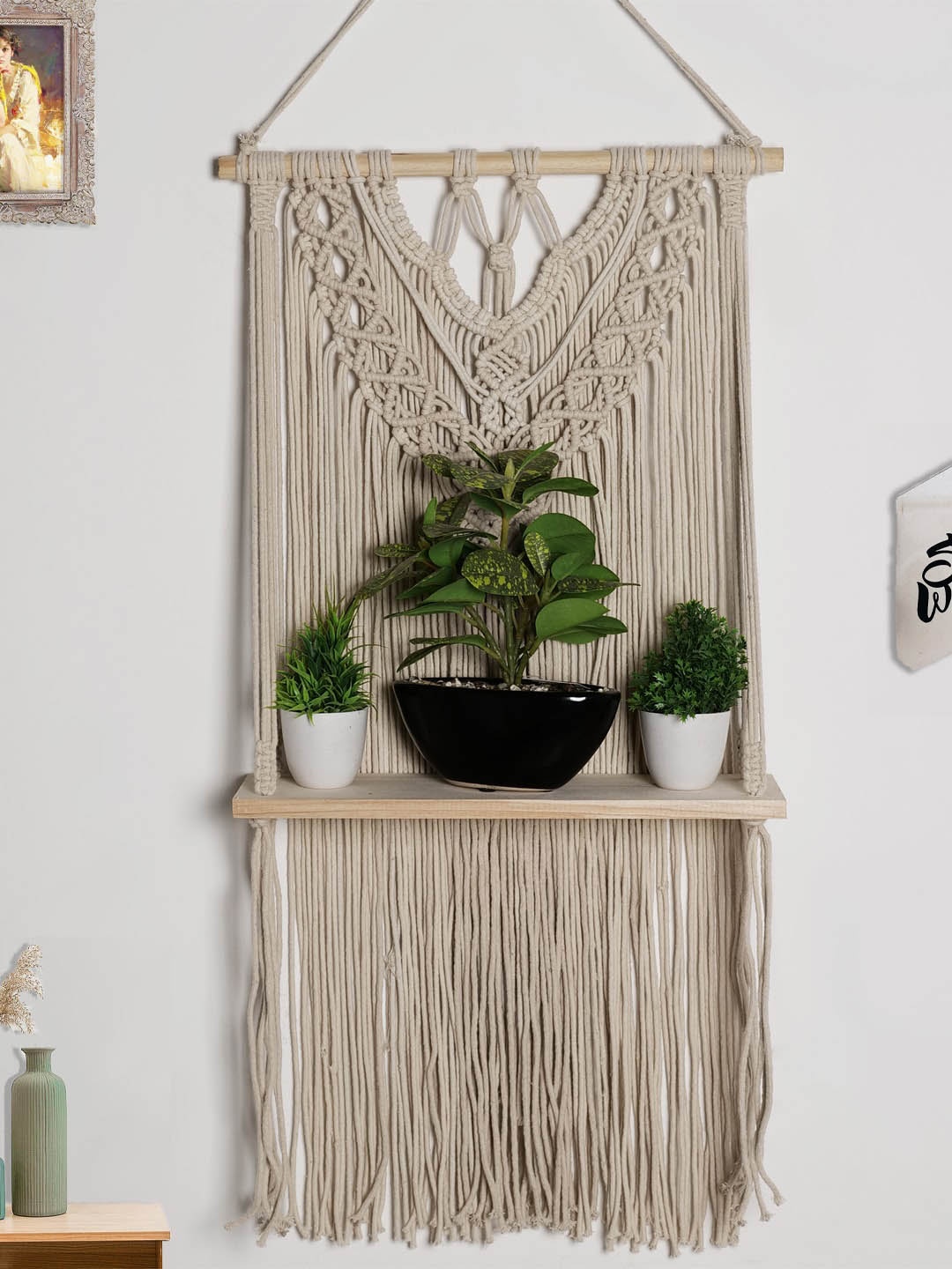 

Decazone Beige Wood Macrame Wall Hanging Shelf