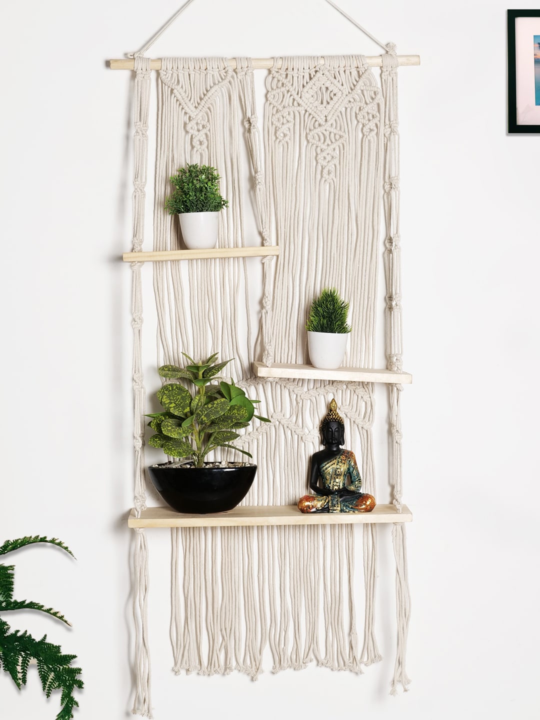 

Decazone Beige Wood Macrame Wall Hanging Shelf, Off white