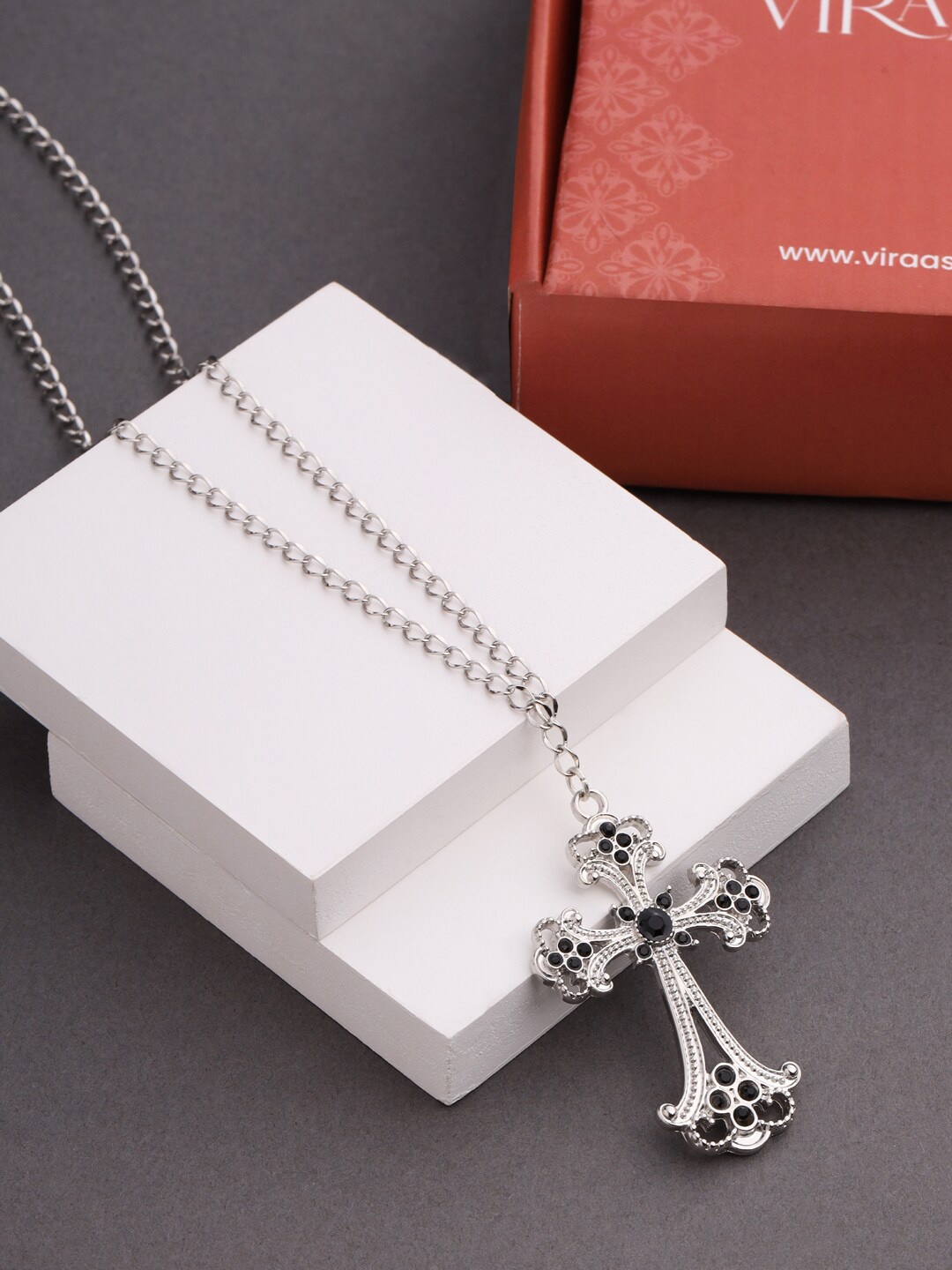 

VIRAASI Rhodium-Plated Jesus Cross Pendant with Chain Necklace, Silver