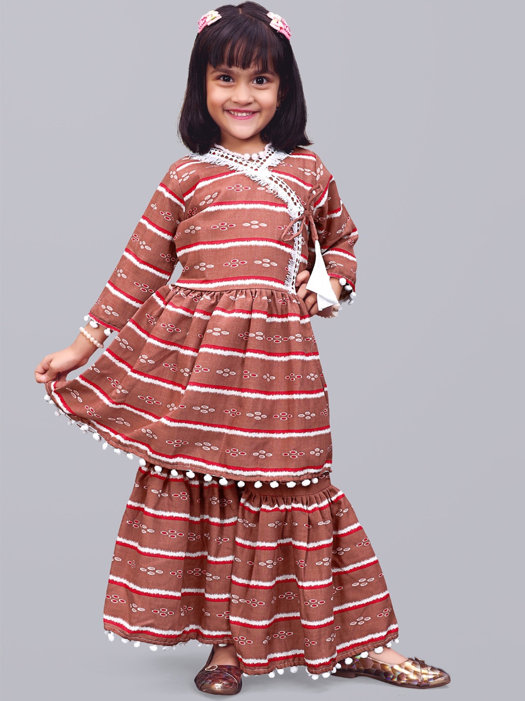 

BAESD Girls Geometric Printed Angrakha Anarkali Kurta With Sharara, Brown