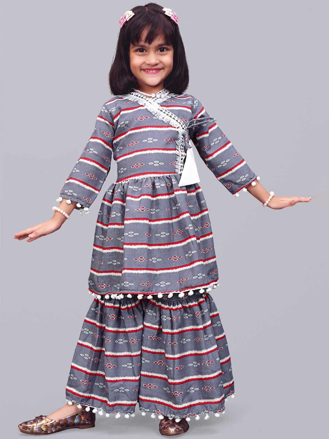 

BAESD Girls Geometric Printed Angrakha Anarkali Kurta With Sharara, Grey