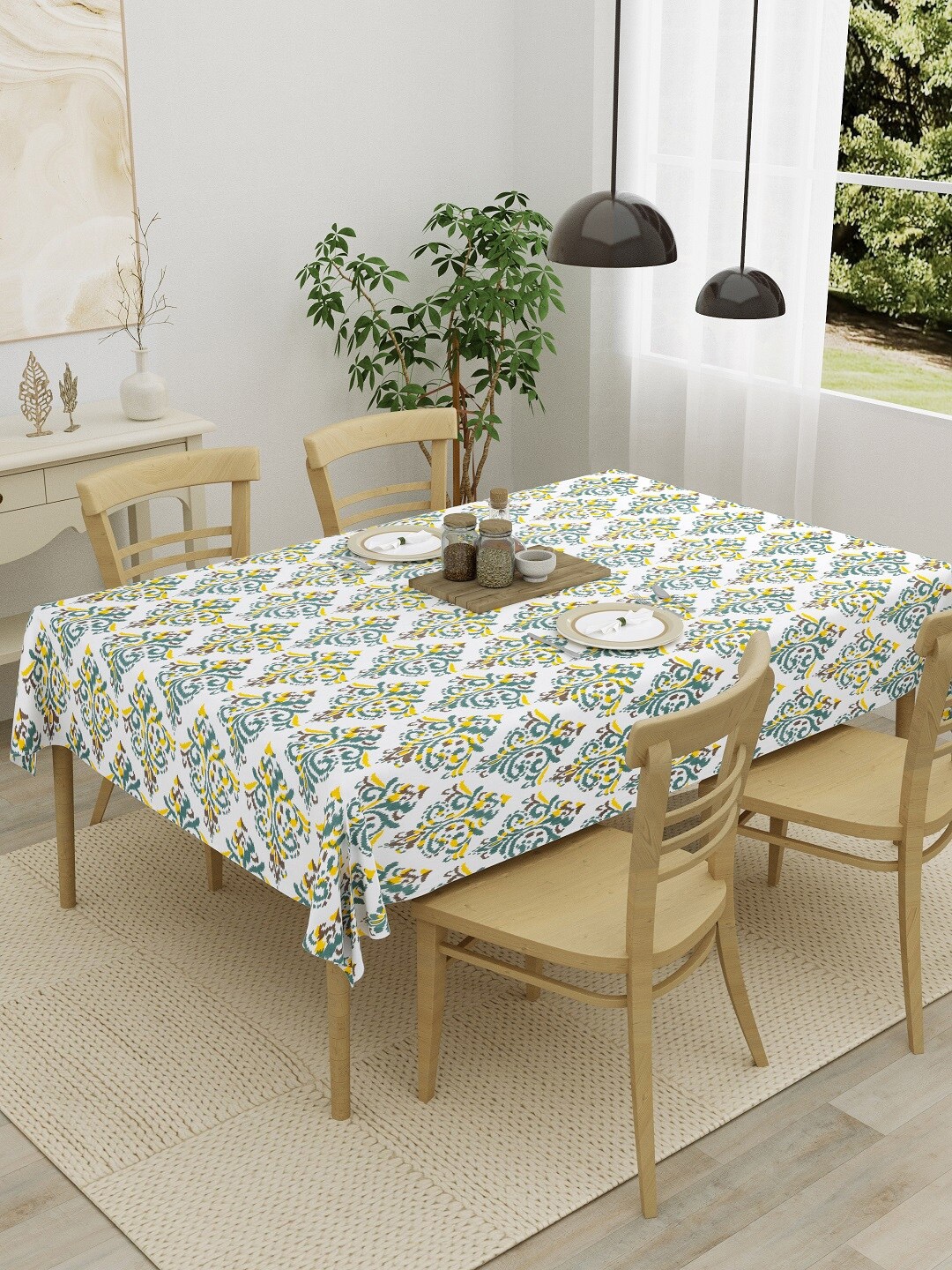 

HOMEMONDE Yellow & White Printed Pure Cotton 4-Seater Table Cover