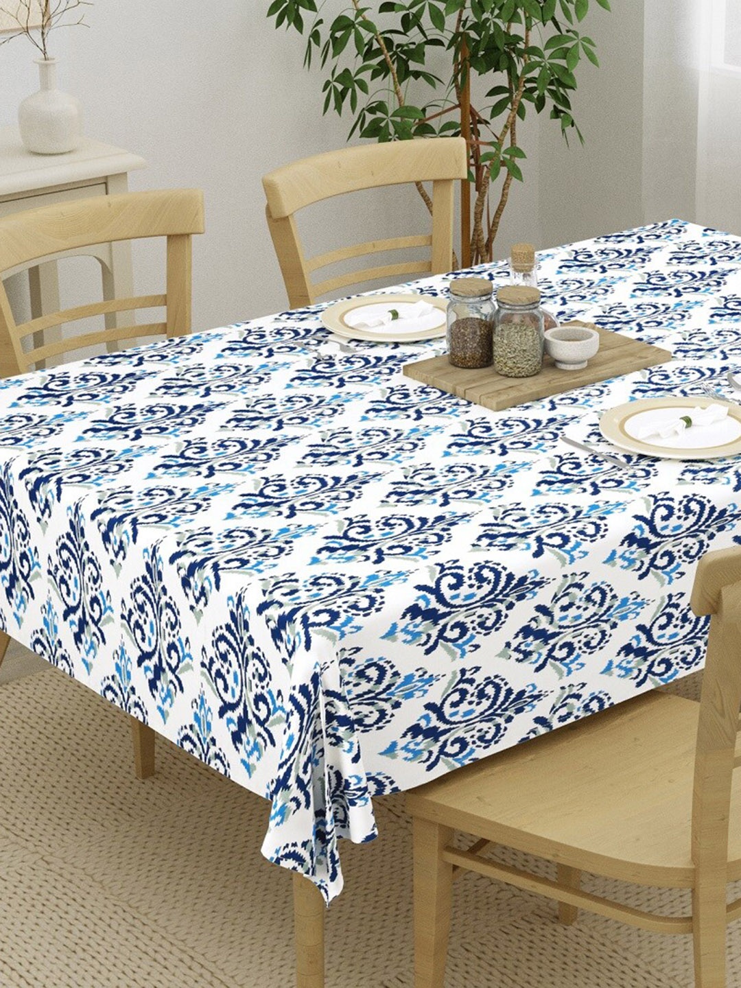 

HOMEMONDE Blue & White Printed Pure Cotton 4-Seater Table Cover