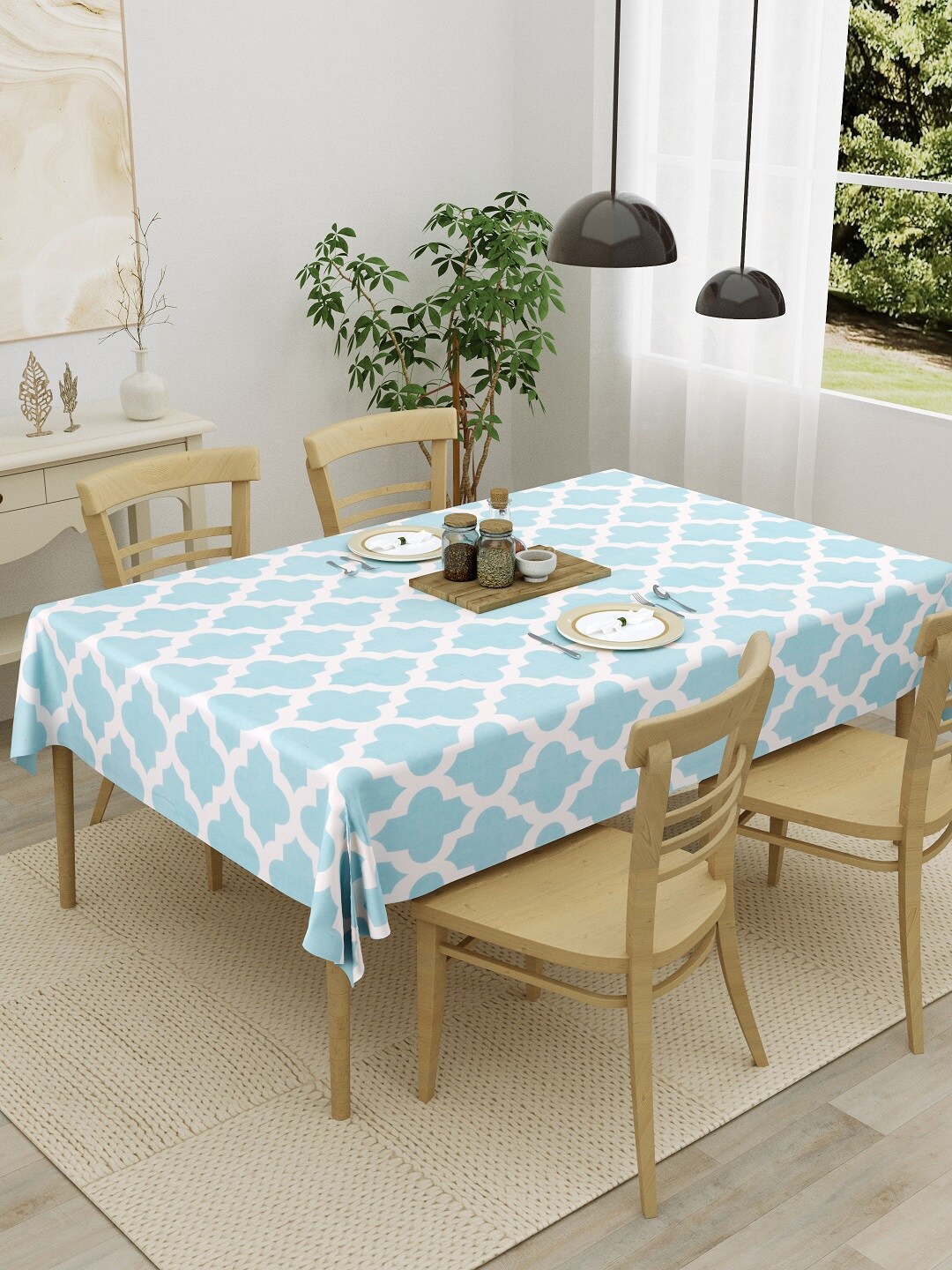 

HOMEMONDE Blue & White Printed Pure Cotton 4-Seater Table Cover
