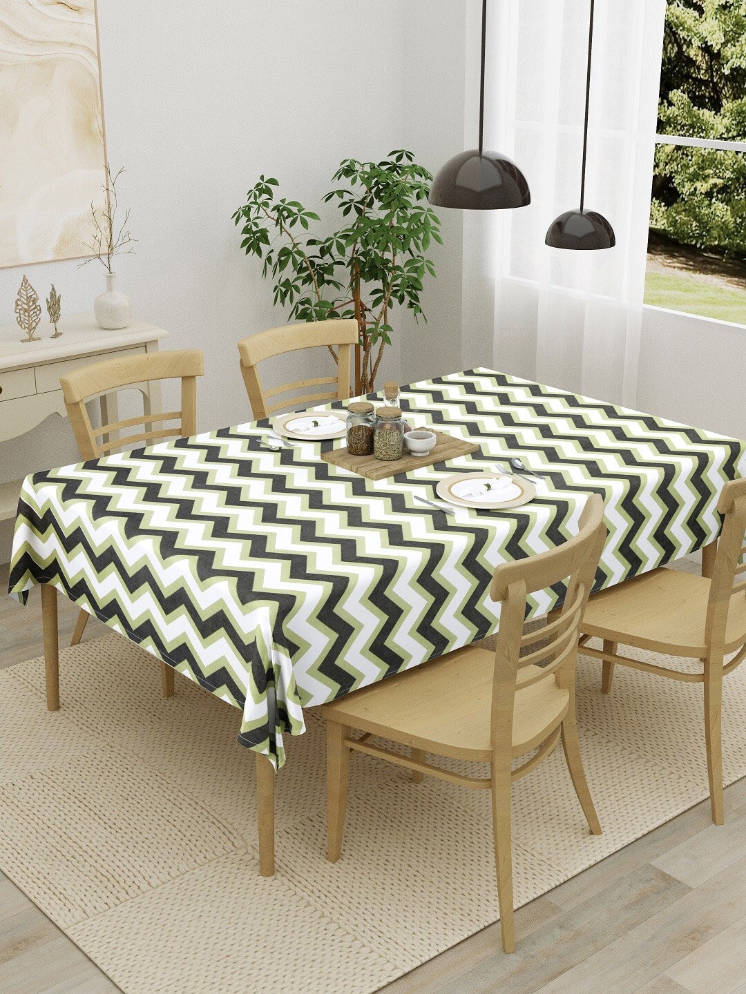 

HOMEMONDE Grey & Green Printed Pure Cotton 4-Seater Table Cover