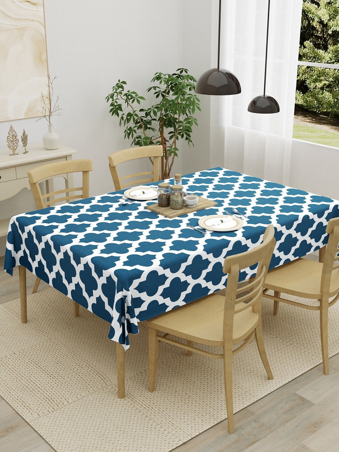 

HOMEMONDE Blue & White Printed Pure Cotton 4-Seater Table Cover
