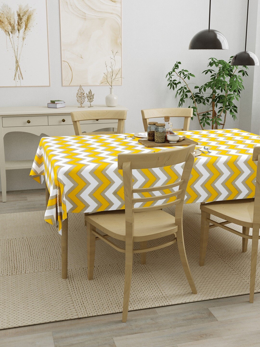 

HOMEMONDE Yellow & White Printed Pure Cotton 4-Seater Table Cover