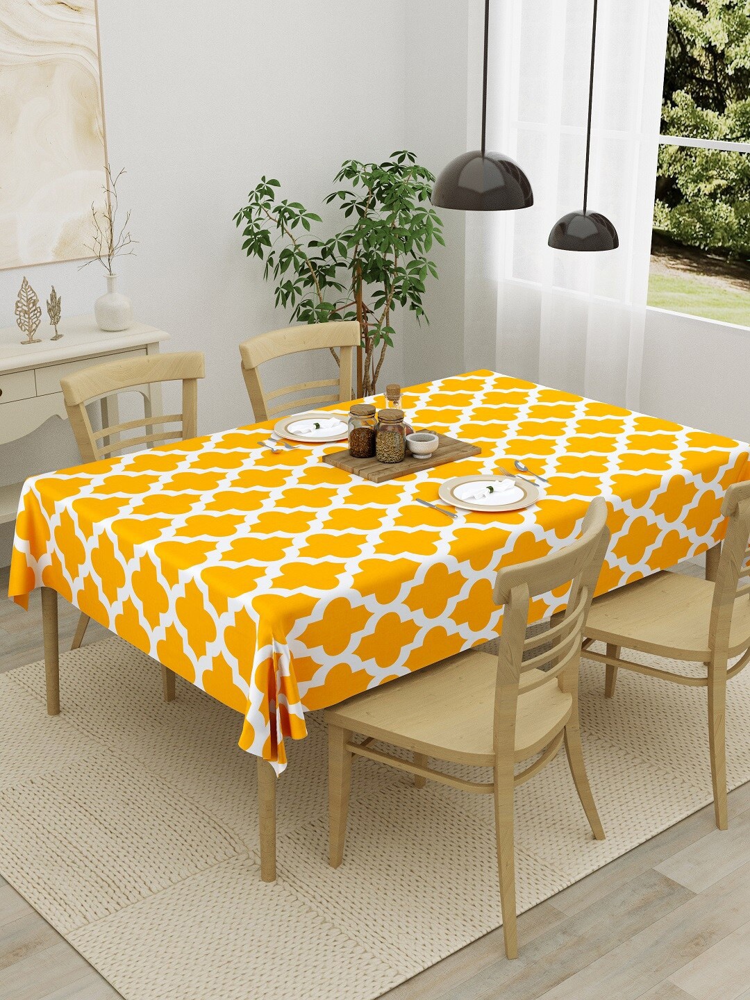 

HOMEMONDE Yellow & White Printed Pure Cotton 4-Seater Table Cover