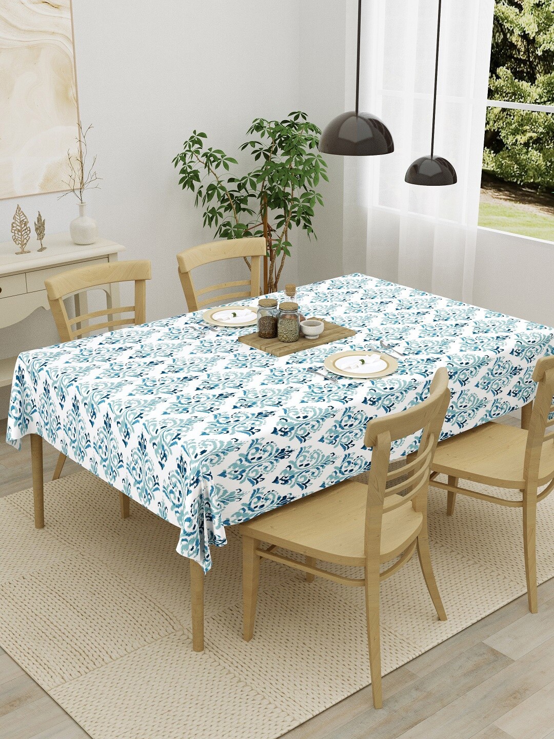 

HOMEMONDE Turquoise Blue & White Printed Pure Cotton 4-Seater Table Cover