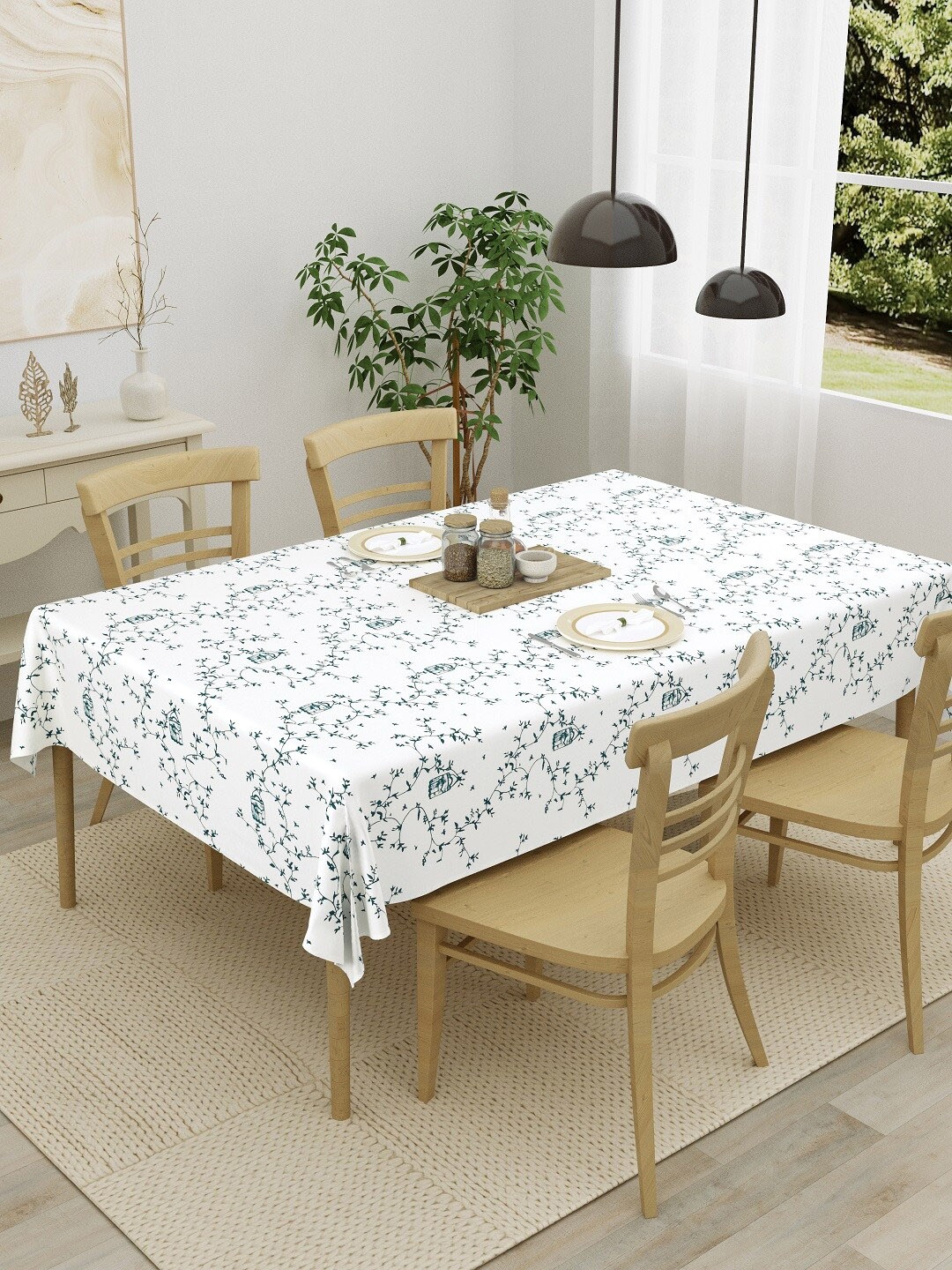 

HOMEMONDE Green & White Printed Pure Cotton 4-Seater Table Cover
