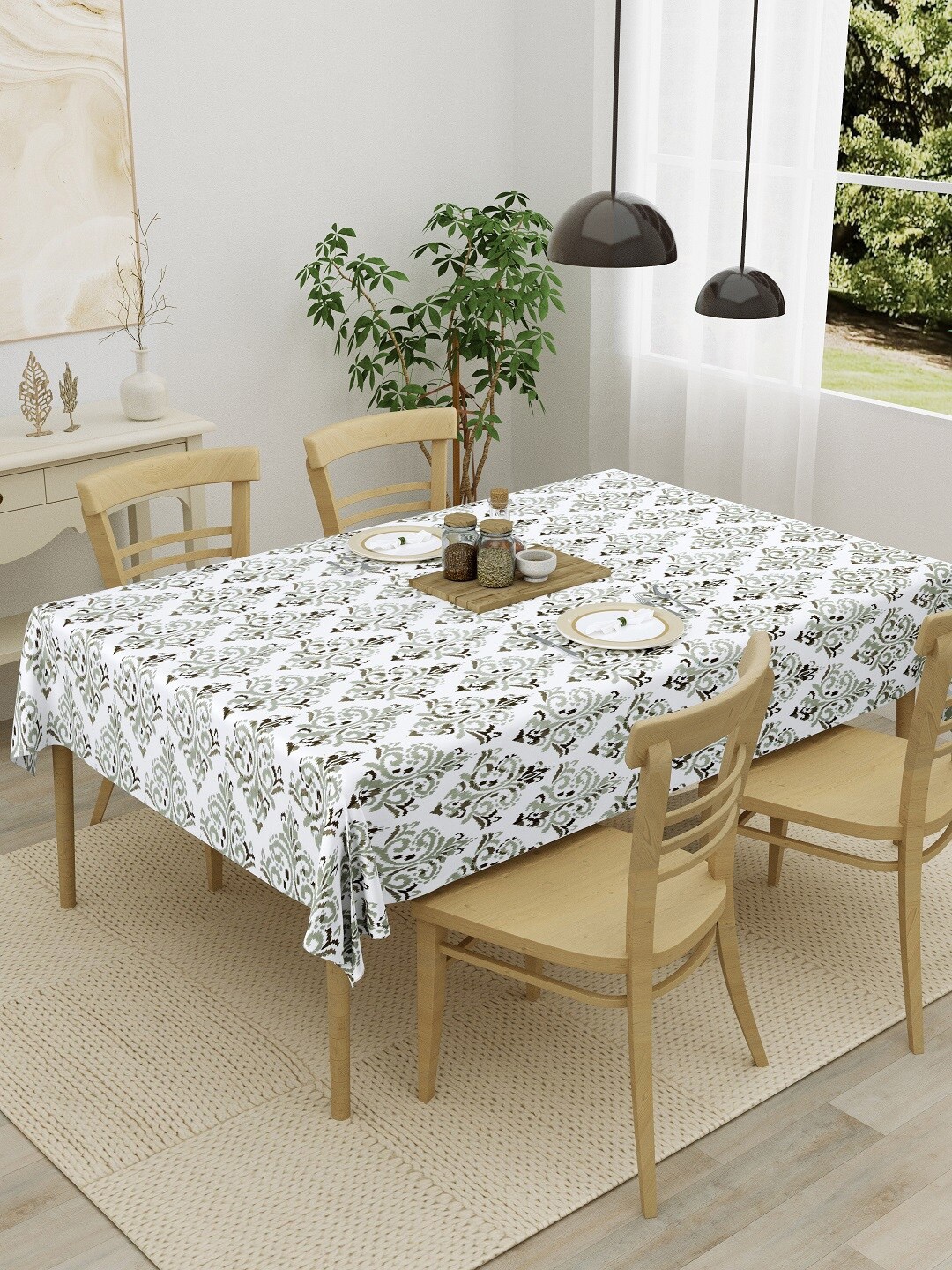 

HOMEMONDE Grey & White Printed Pure Cotton 4-Seater Table Cover