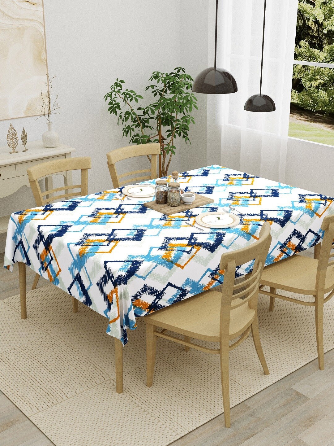 

HOMEMONDE Blue & White Printed Pure Cotton 4-Seater Table Cover