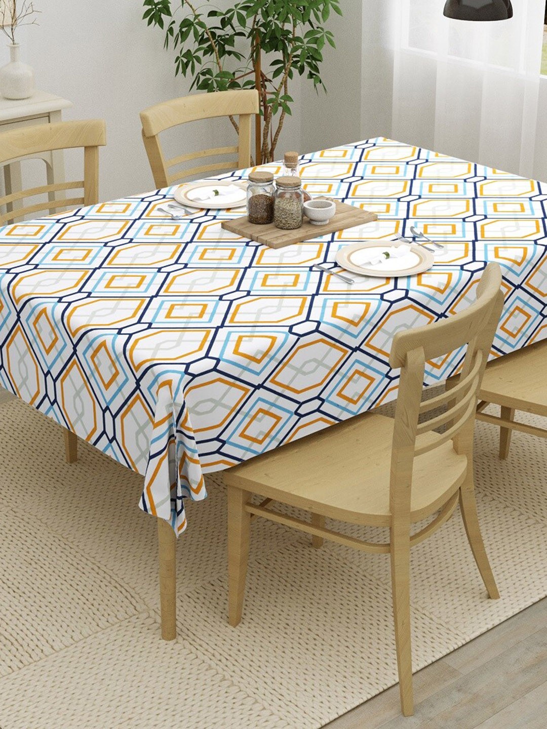 

HOMEMONDE White & Blue Printed Pure Cotton 4-Seater Table Cover