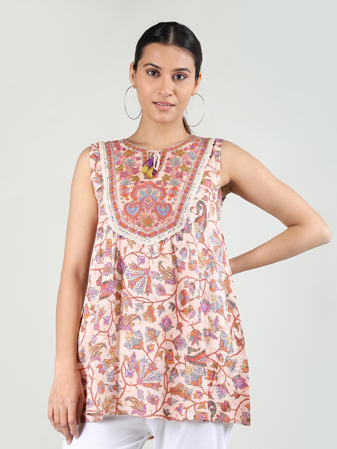 

Rage Floral Printed Tie-Up Neck Gotta Patti Thread Work Lace Detail Pleated A-line Kurti, Pink