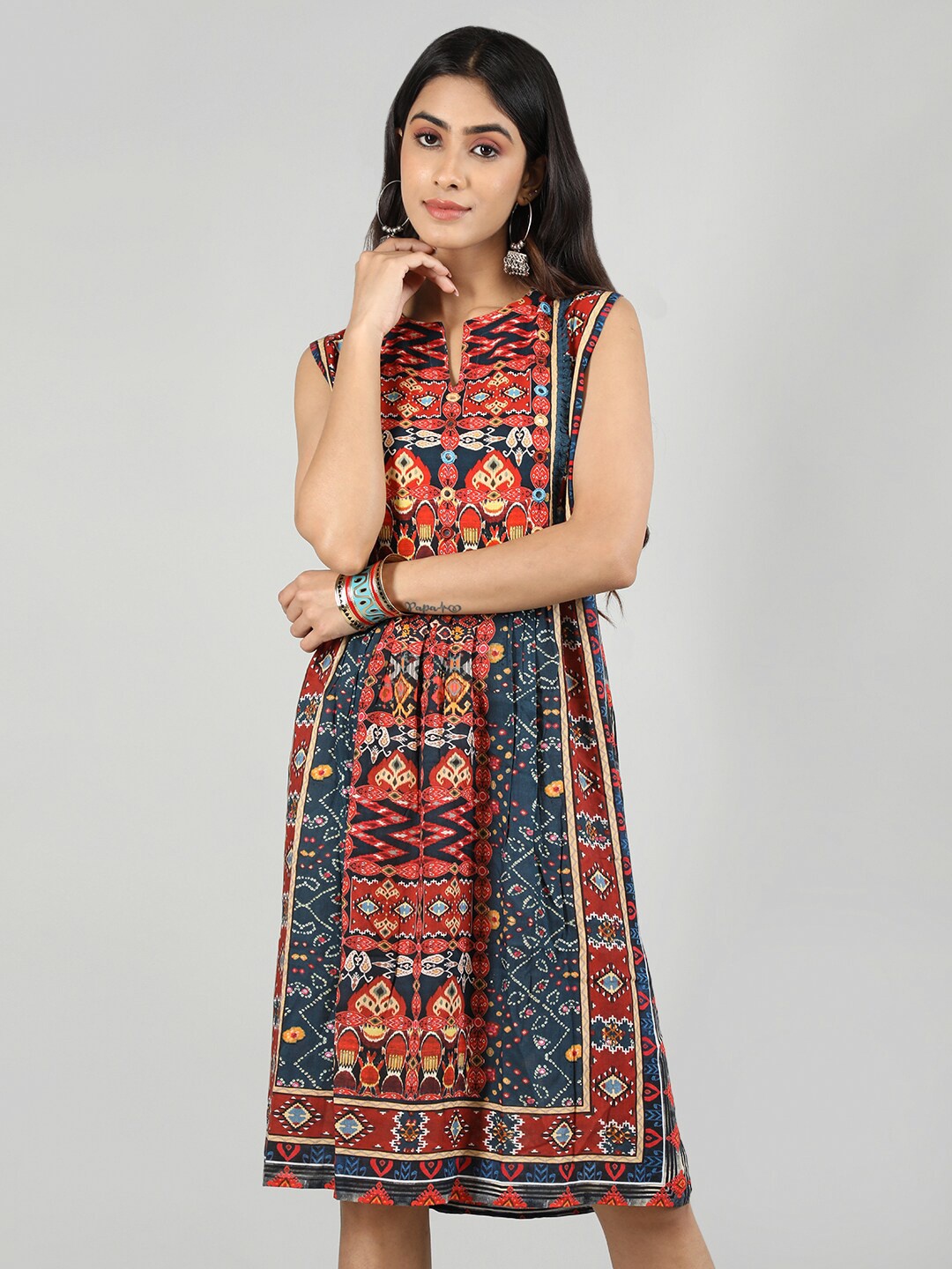 

Rage Ethnic Motifs Printed Pleated Detailed A-Line Ethnic Dress, Blue