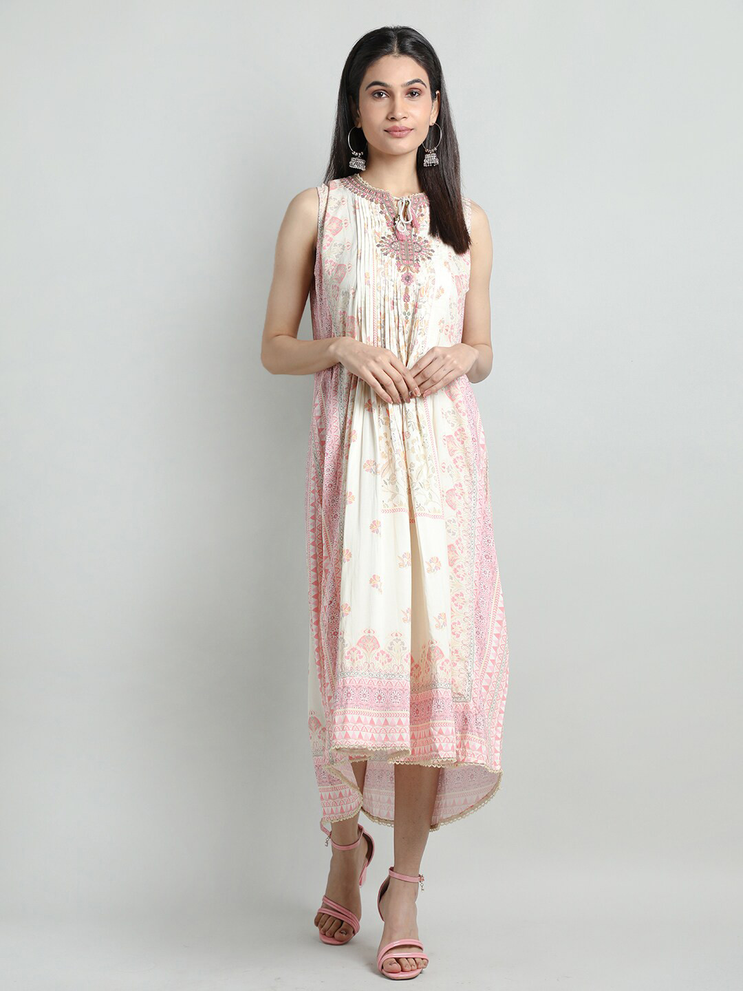

Rage Ethnic Motifs Printed Pleated A-Line High-Low Midi Ethnic Dress, Off white