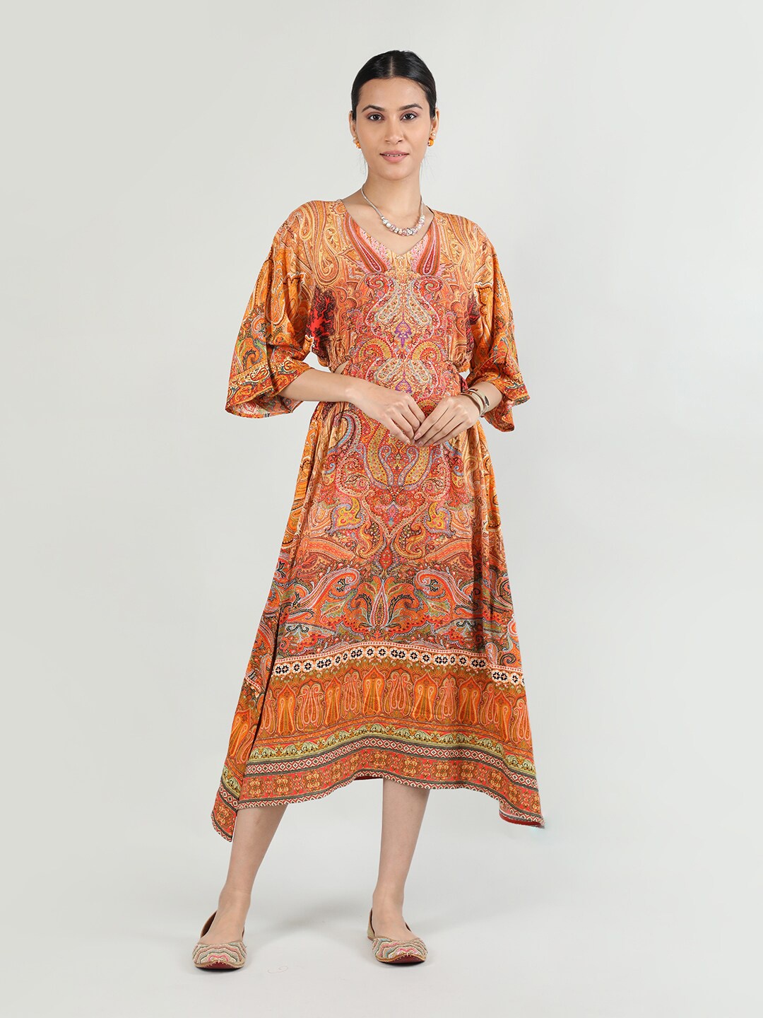

Rage Ethnic Printed Flared Sleeves Cut-Out Detail Asymmetric A-Line Ethnic Midi Dress, Orange