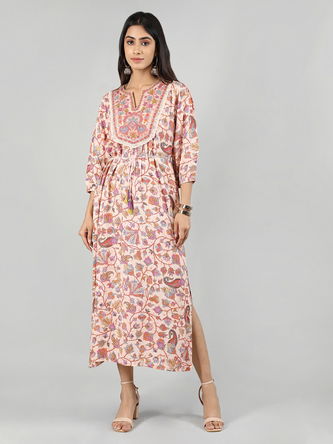 

Rage Floral Printed Lace Detail Gotta Patti Side Slit A-Line Midi Ethnic Dress, Pink
