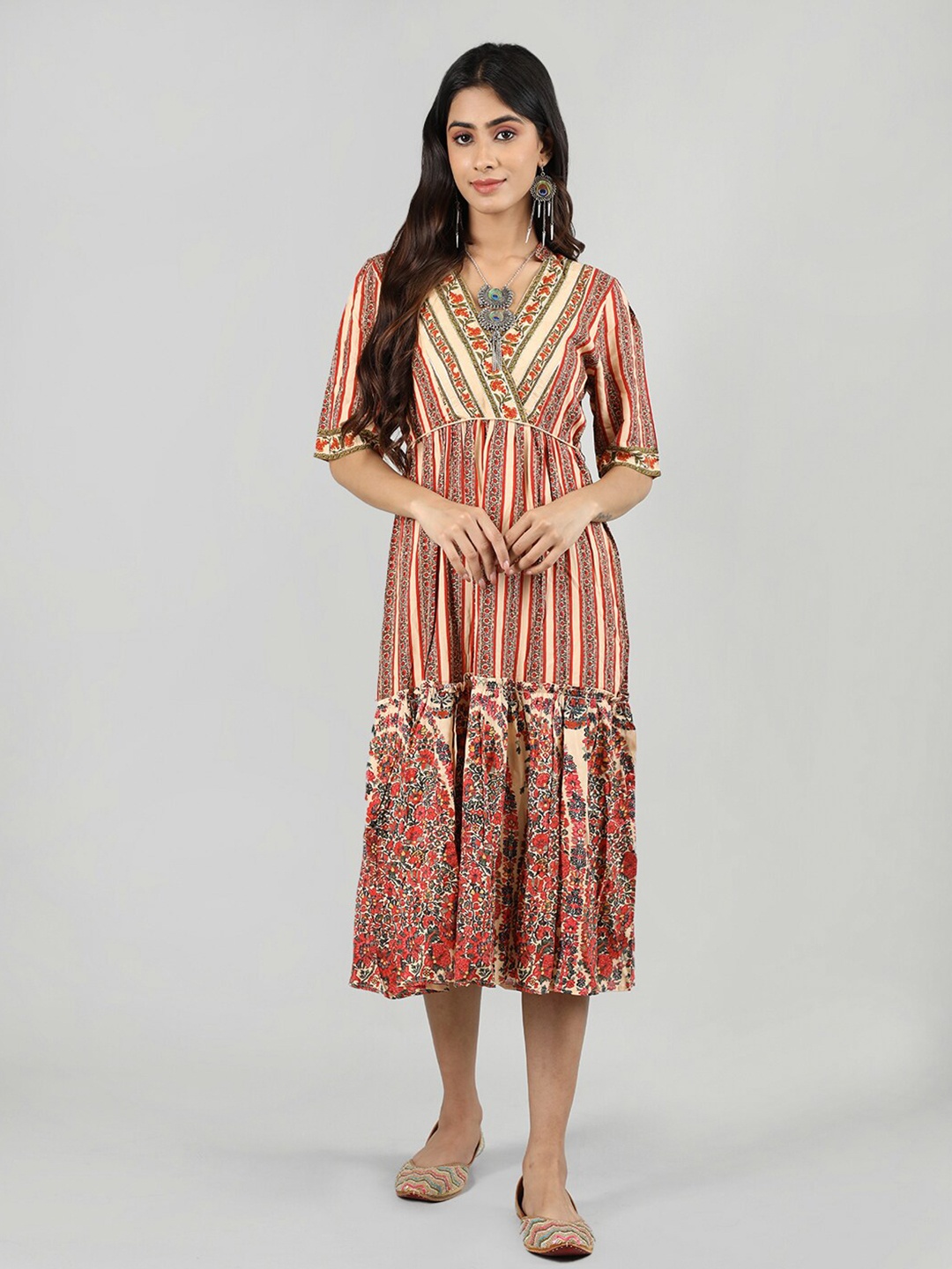 

Rage Ethnic Motifs Printed V-Neck Gathered Detailed A-Line Midi Ethnic Dress, Cream