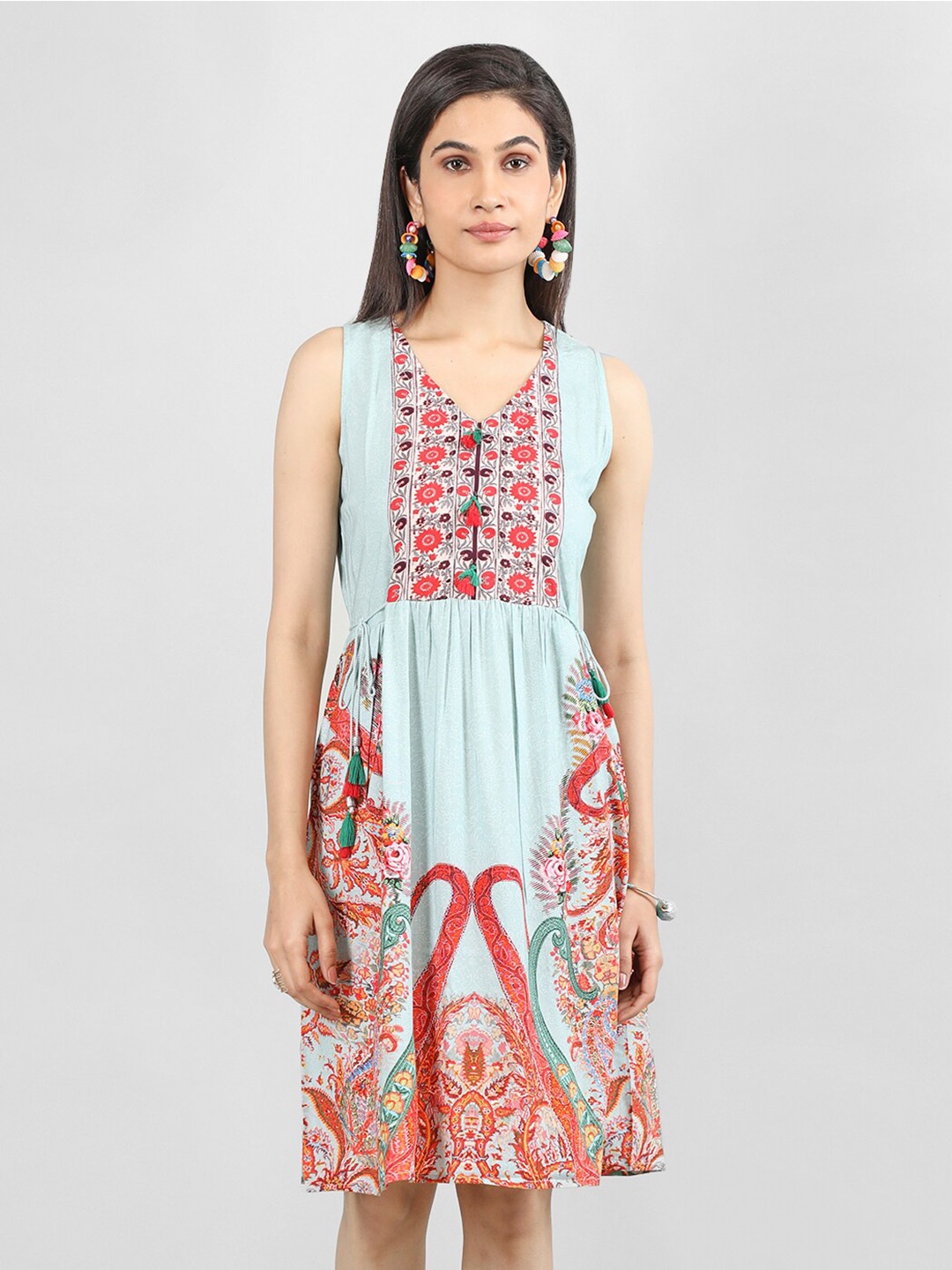 

Rage Floral Printed V-Neck Tie-Up Detail Fit & Flare Dress, Blue
