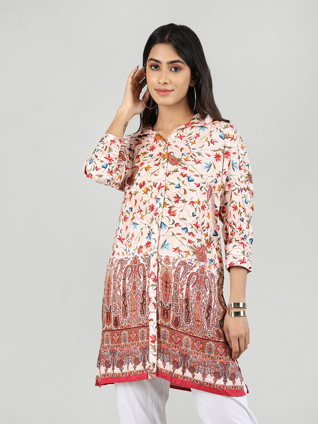 

Rage Floral Printed Cuffed Sleeves Shirt Collar Kurti, Off white